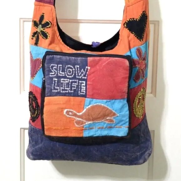 Nepal BOHO SLOW LIFE Orange Red 100% COTTON Hobo Crossbody Shoulder Bag Turtle - Picture 2 of 14
